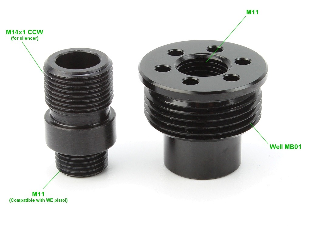 Barrel end with silencer adapter for Well MB01, 04, 05, 06, 13 [AirsoftPro]