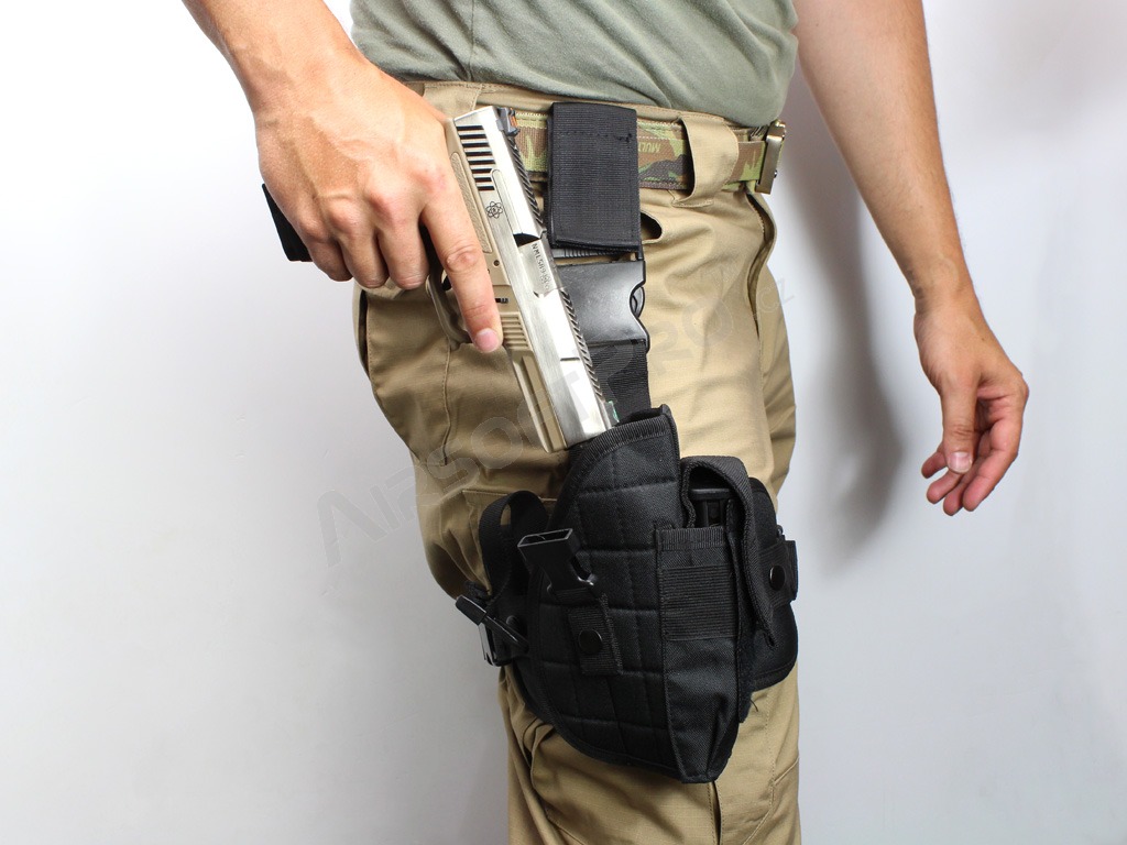 Univerzální pistolové stehenní pouzdro s panelem a sumkami - černé [AITAG]