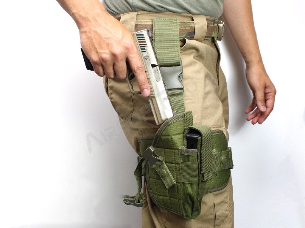 Univerzální pistolové stehenní pouzdro s panelem a sumkami - OD (olivové) [AITAG]
