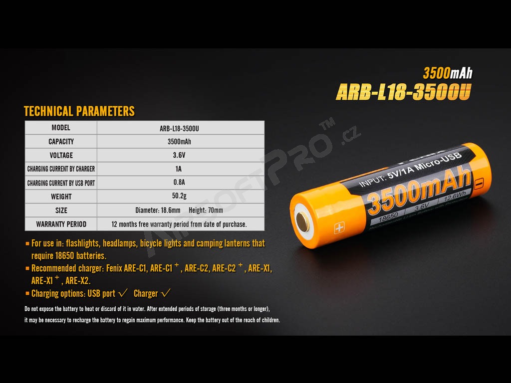 Nabíjecí USB baterie 18650 3500 mAh (Li-ion) [Fenix]