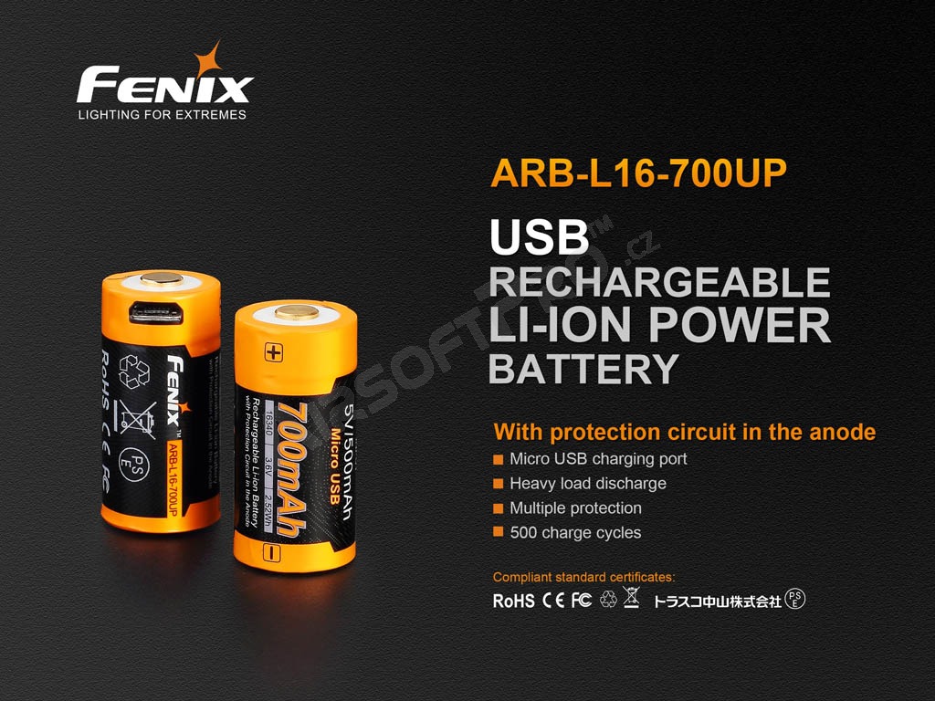 Rechargeable USB battery RCR123A / 16340 High Current 700 mAh (Li-ion) [Fenix]