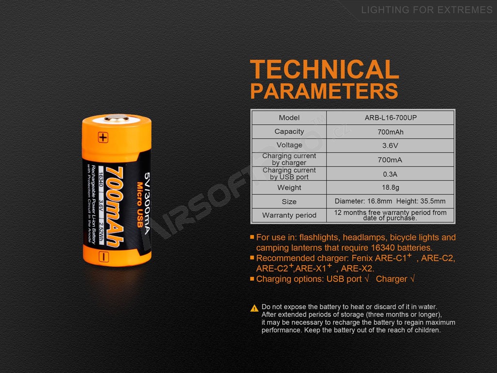 Pile rechargeable USB RCR123A / 16340 High Current 700 mAh (Li-ion) [Fenix]
