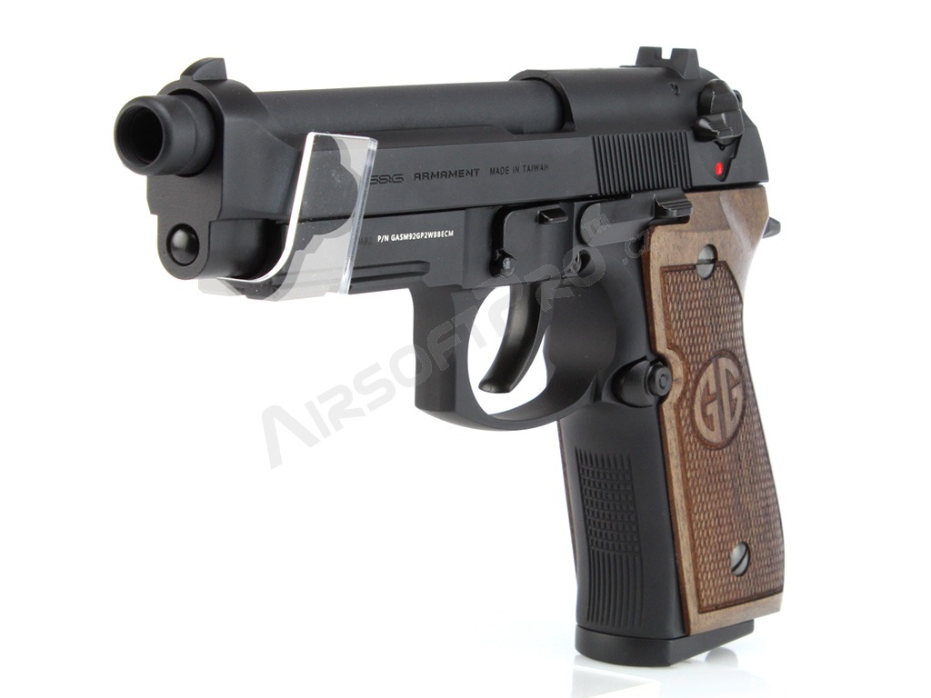 Pistolet airsoft GPM92 GP2, full metal, gas blowback (GBB) - Poignée en bois de noyer [G&G]