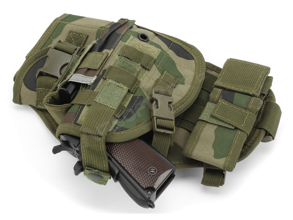 Drop leg molle panel with pouches and pistol holster - Woodland

 [Imperator Tactical]