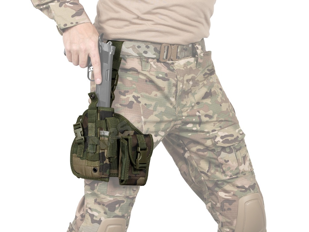Drop leg molle panel with pouches and pistol holster - Woodland

 [Imperator Tactical]