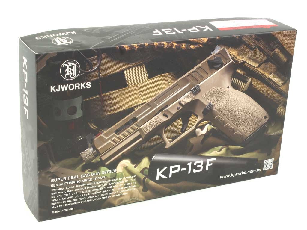 Airsoftová pistole KP-13F, hlaveň se závitem, blowback s dávkou (CO2) - TAN [KJ Works]