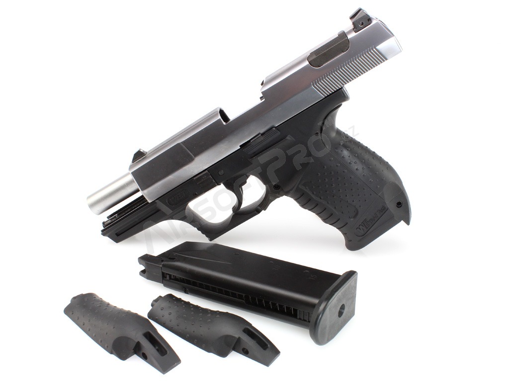 Pistolet airsoft E99 - Métal, blowback à gaz - noir avec glissière argentée [WE]