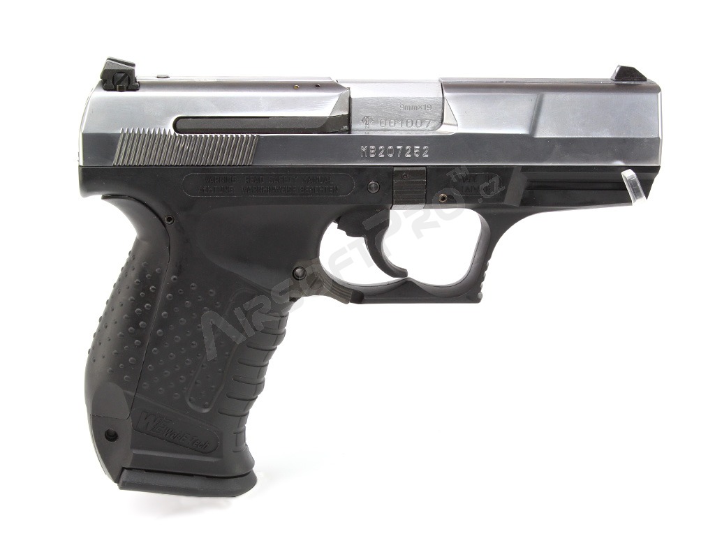 Pistolet airsoft E99 - Métal, blowback à gaz - noir avec glissière argentée [WE]