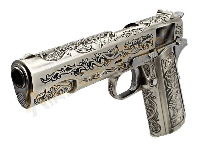 Pistolet airsoft M1911 - gravé, version argent, blowback à gaz, full metal [WE]