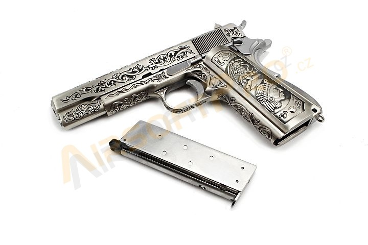 Pistolet airsoft M1911 - gravé, version argent, blowback à gaz, full metal [WE]