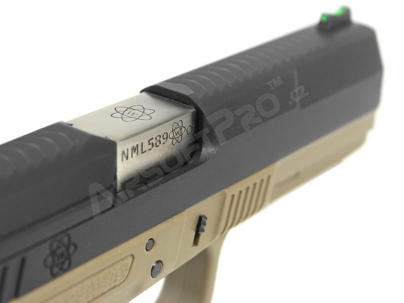 Pistolet airsoft GP1799 T2 - GBB, glissière noir métal, monture TAN, canon argenté [WE]