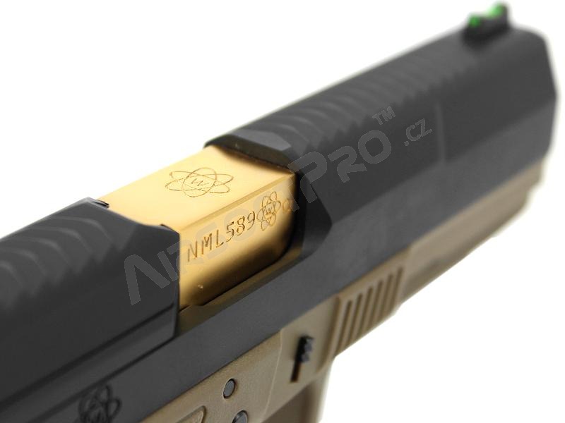 Pistolet airsoft GP1799 T6 - GBB, glissière noir métal, monture TAN, canon or [WE]
