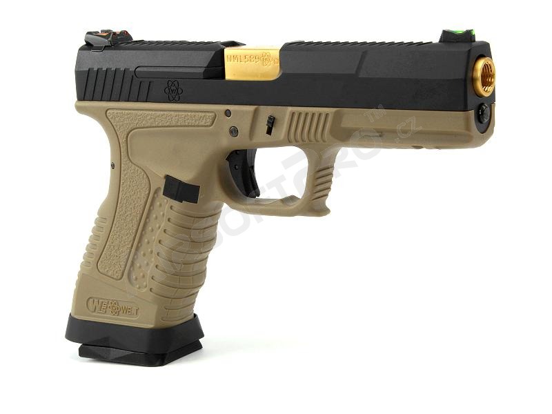 Airsoft pistol GP1799 T6  - GBB, metal black slide, TAN frame, gold barrel [WE]