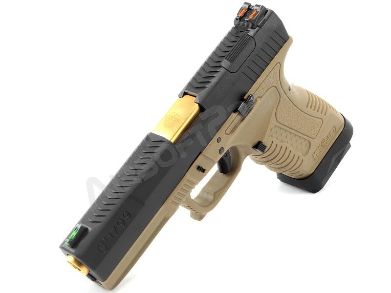Pistolet airsoft GP1799 T6 - GBB, glissière noir métal, monture TAN, canon or [WE]