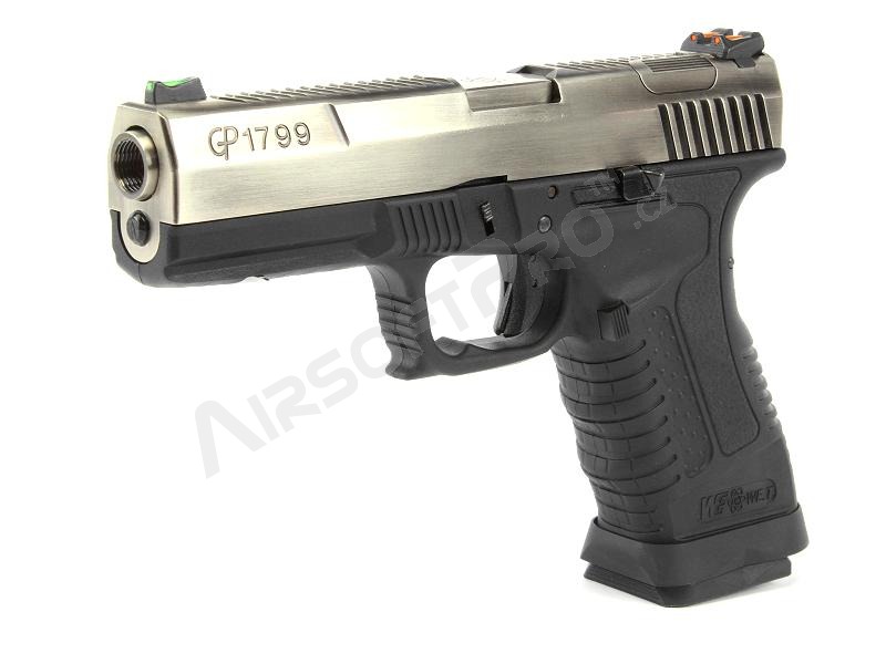 Pistolet airsoft GP1799 T7 - GBB, glissière métal argenté, carcasse noire, canon argenté [WE]