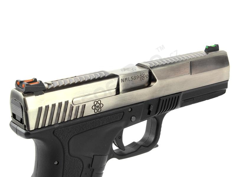 Pistolet airsoft GP1799 T7 - GBB, glissière métal argenté, carcasse noire, canon argenté [WE]