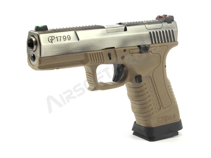 Pistolet airsoft GP1799 T8 - GBB, glissière métal argenté, monture TAN, canon argenté [WE]