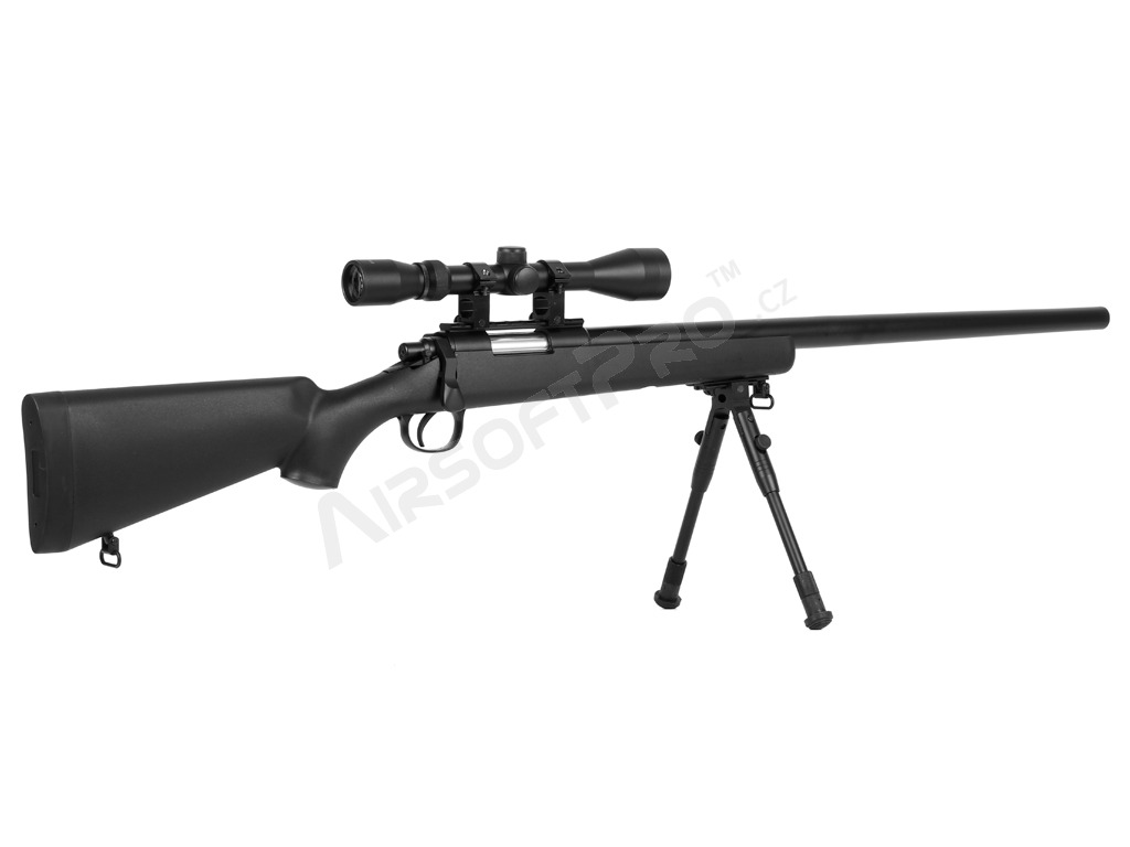 Airsoft sniper MB03D + puškohled a dvojnožka, černá [Well]