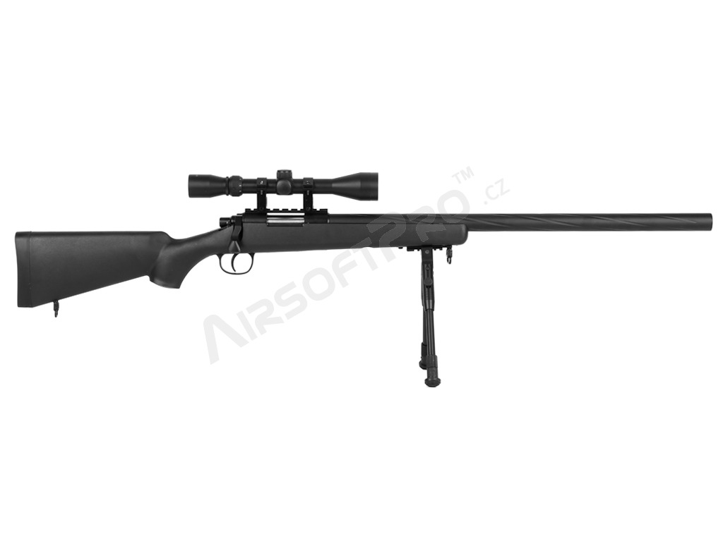 Airsoft sniper MB03D UPGRADE až 200 m/s (670 fps) + puškohled a dvojnožka - černá [Well]