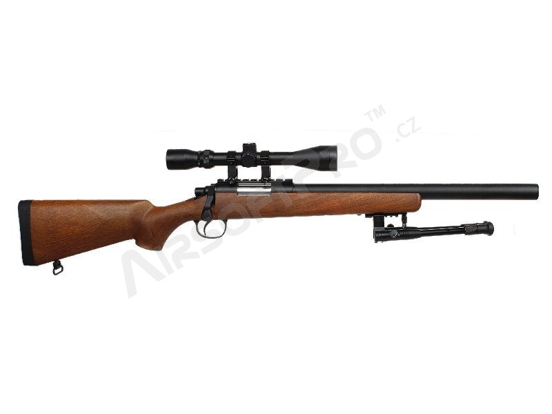 Airsoft sniper MB02D + puškohled a dvojnožka, imitace dřeva [Well]