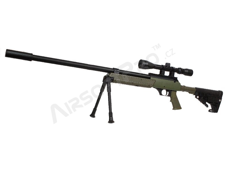Airsoft sniper APS SR-2 LRV (MB13D) + dvojnožka + puškohled + tlumič, olivová [Well]