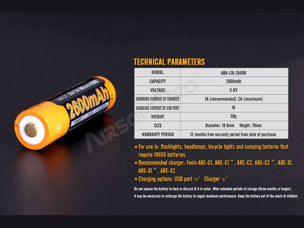 Batería USB recargable 18650 2600 mAh (Li-ion) [Fenix]