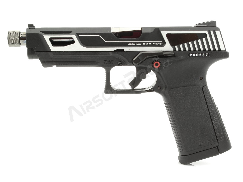 Airsoftová pistole GTP9 MS, plyn blowback (GBB) CNC závěr - stříbrná [G&G]