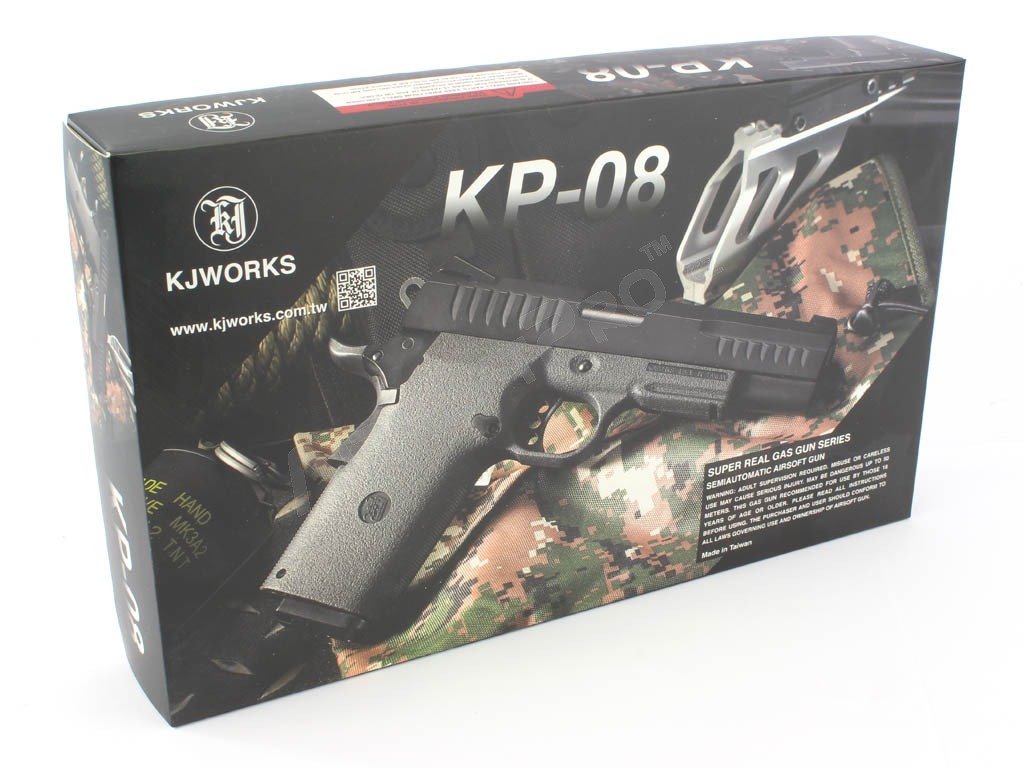 Airsoftová pistole KP-08, kovový závěr, plyn blowback - černá [KJ Works]