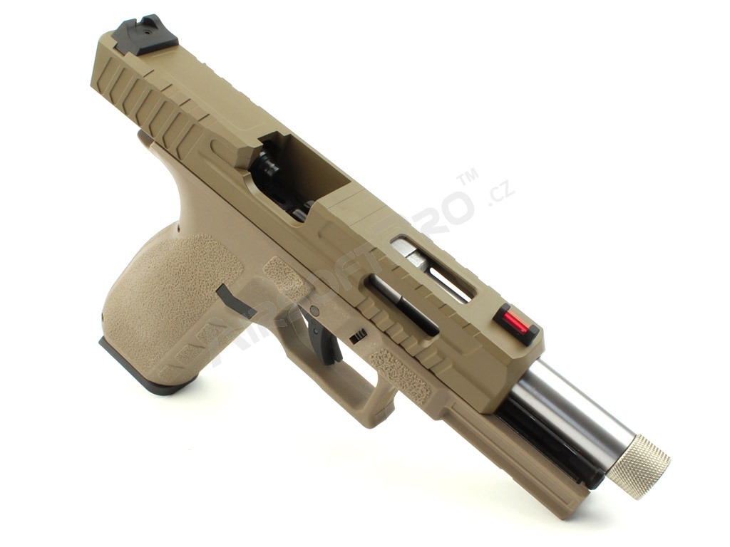 Airsoftová pistole KP-13F, hlaveň se závitem, blowback s dávkou (GBB) - TAN [KJ Works]