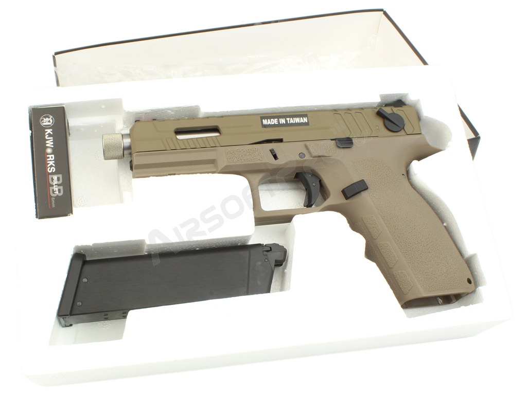 Airsoftová pistole KP-13F, hlaveň se závitem, blowback s dávkou (GBB) - TAN [KJ Works]