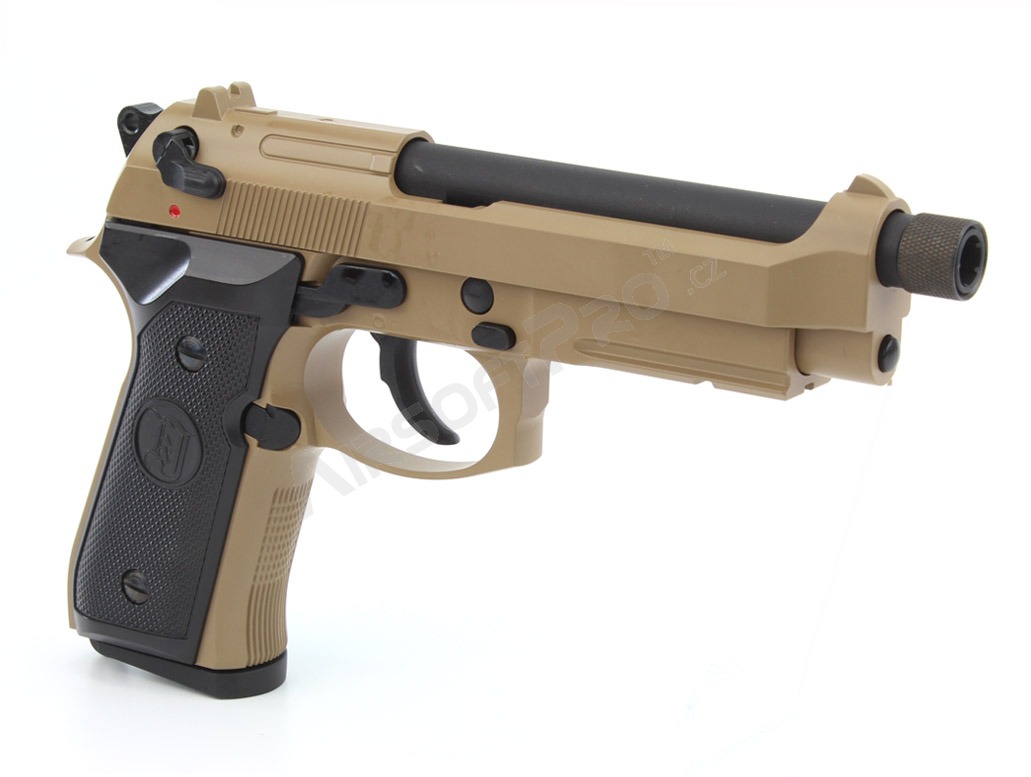 Airsoftová pistole M9 A1, hlaveň se závitem, celokov, plyn blowback - TAN [KJ Works]