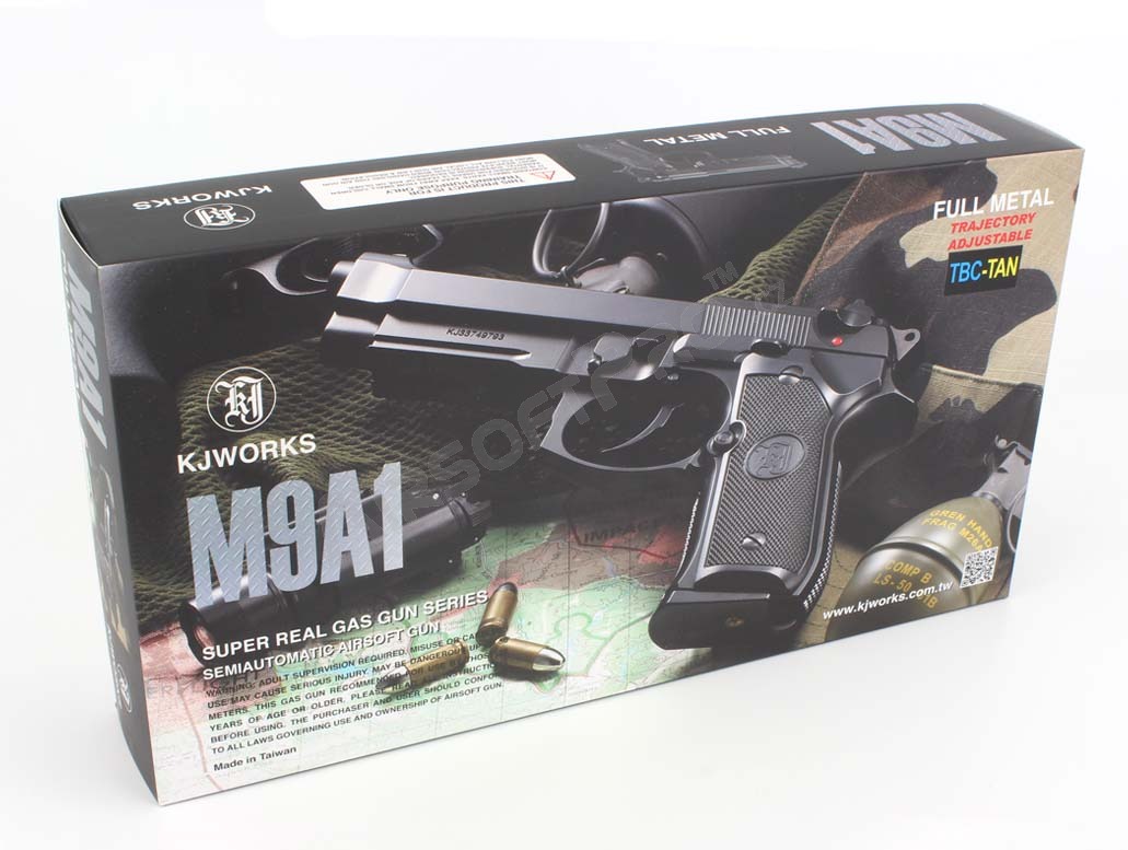 Airsoftová pistole M9 A1, hlaveň se závitem, celokov, plyn blowback - TAN [KJ Works]