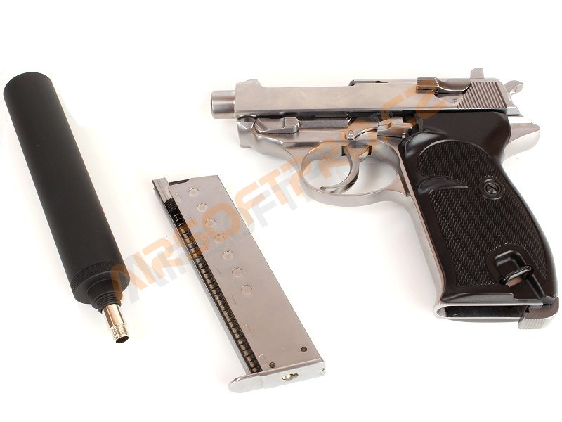 Airsoftová pistole P38S s tlumičem - plyn, blowback - stříbrná [WE]