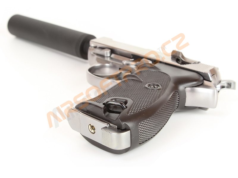 Airsoftová pistole P38S s tlumičem - plyn, blowback - stříbrná [WE]