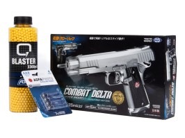 Balíček: Airsoftová elektrická pistole Combat Delta stříbrná, EBB +3000 kuliček +4 baterie [Tokyo Marui]