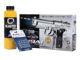 Balíček: Airsoftová elektrická pistole M9A1 stříbrná,  dávka,EBB + 3000 kuliček +4 baterie [Tokyo Marui]