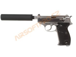 Airsoft pistol P38S with supressor - gas blowback - silver [WE]
