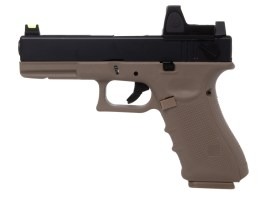 Airsoftová pistole EU8 s kolimátorem, dávka, kovový závěr, plyn, blowback - TAN [Raven]
