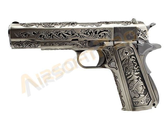 Airsoftová pistole M1911 - s rytinou, stříbrný, plyn, blowback, celokov [WE]