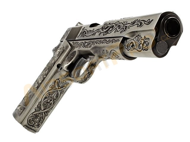 Airsoftová pistole M1911 - s rytinou, stříbrný, plyn, blowback, celokov [WE]