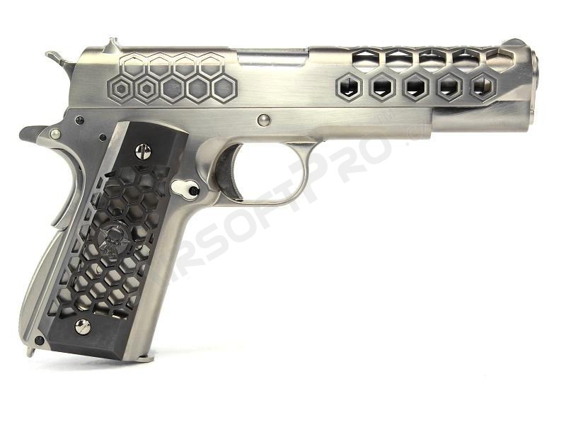 Pistola airsoft M1911 Hex Cut - GBB, full metal, Gen.2 - plata [WE]