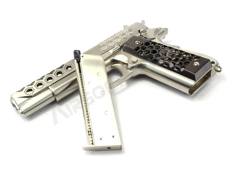 Pistola airsoft M1911 Hex Cut - GBB, full metal, Gen.2 - plata [WE]