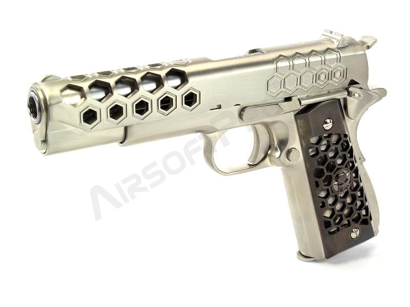 Pistola airsoft M1911 Hex Cut - GBB, full metal, Gen.2 - plata [WE]