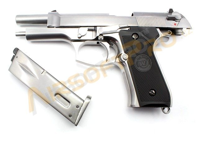 Airsoftová pistole M92 Gen2, nikl, celokov, AUTO blowback, LED BOX [WE]