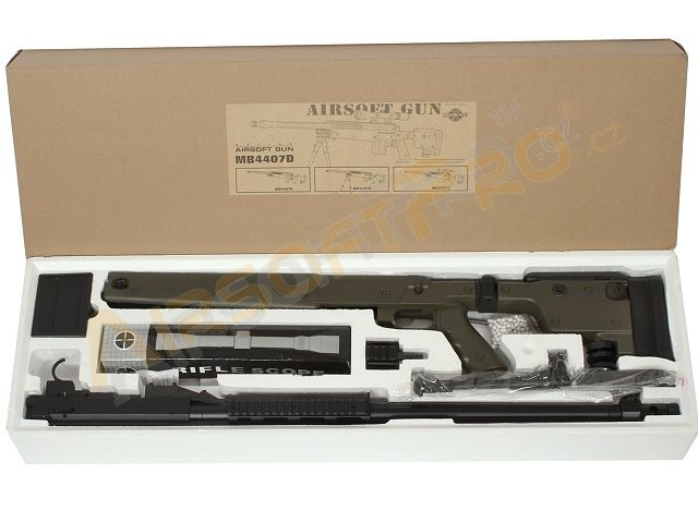 Airsoft sniper MB4407D + puškohled a dvojnožka - olivová [Well]