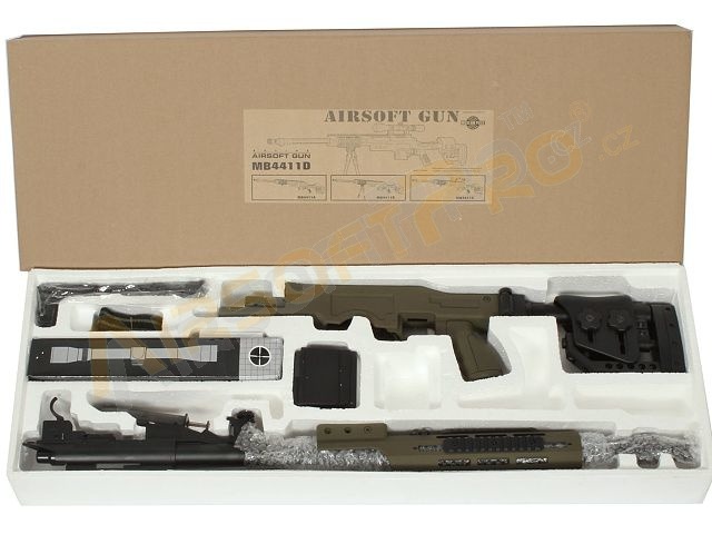 Airsoft sniper MB4411D + puškohled a dvojnožka - olivová [Well]