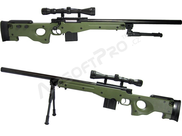 Airsoft sniper L96 AWS MB4401D + puškohled a dvojnožka - olivová [Well]