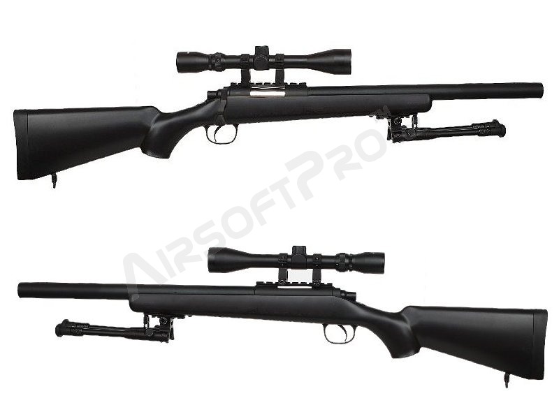 Airsoft sniper MB02D + puškohled a dvojnožka, černá [Well]
