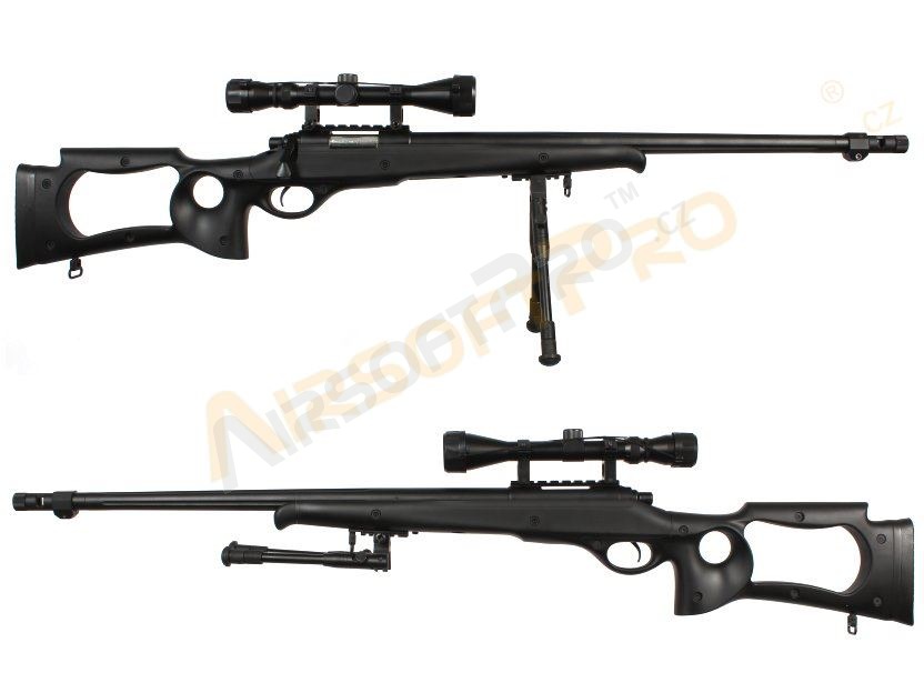 Airsoft sniper MB10D + puškohled a dvojnožka, černá [Well]
