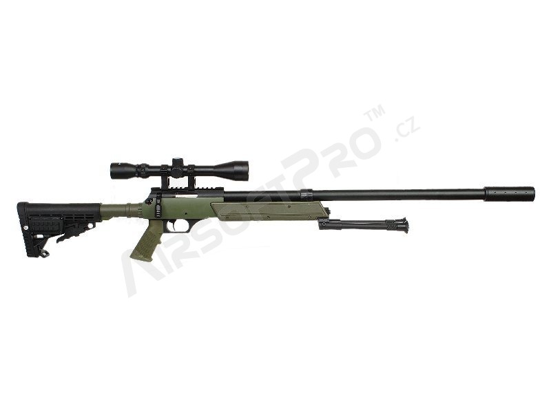 Airsoft sniper APS SR-2 LRV (MB13D) + dvojnožka + puškohled + tlumič, olivová [Well]